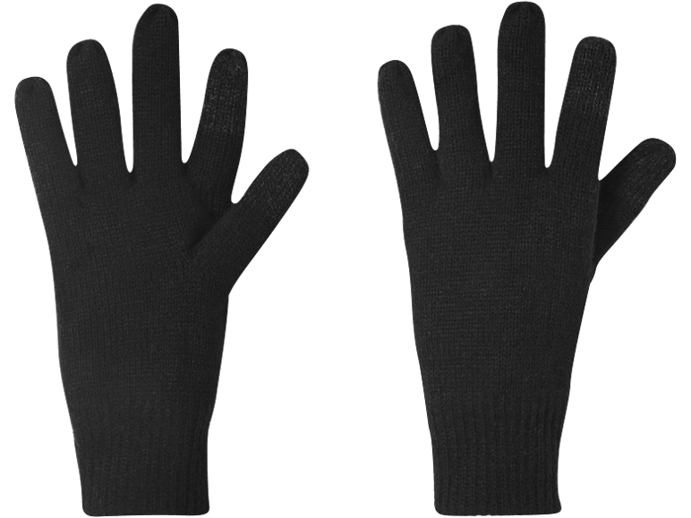 Paar schwarze Strickhandschuhe mit Touchscreen-kompatiblen Fingerspitzen.