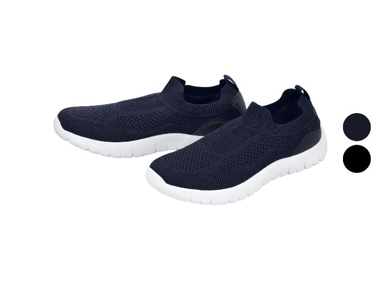 Zwei dunkelblaue Slip-on-Sportschuhe mit weißen Sohlen und Farbmustern.