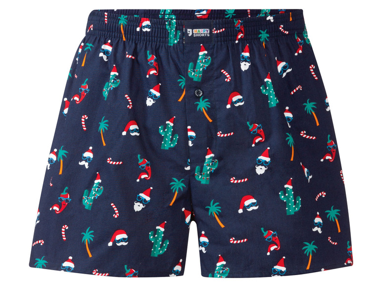 Blaue Boxershorts mit Weihnachtsmotiv von Santa Claus, Kakteen und Palmen.