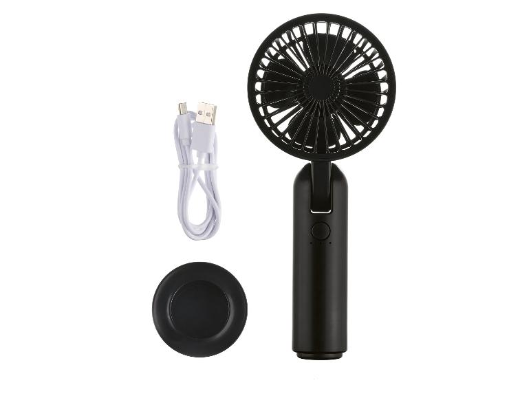 Schwarzer Handventilator, USB-Kabel und Sockel.