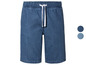 Blaue Jeans Shorts mit weißem Kordelzug.