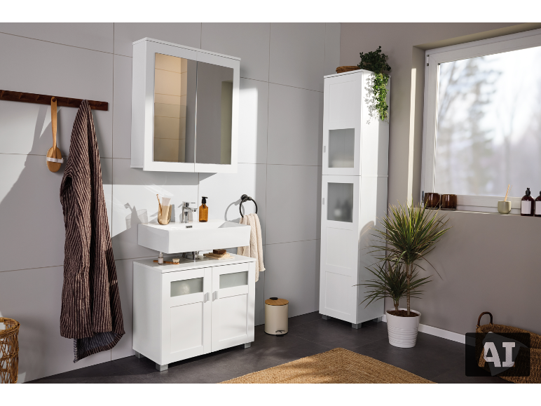 Helles Badezimmer mit weißen Schränken, Spiegelschrank, Waschbecken und Pflanzen.