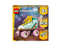 Lego Creator 3-in-1-Set mit einem rosafarbenen Skateboard, einem Radio und einer Rollschuh.