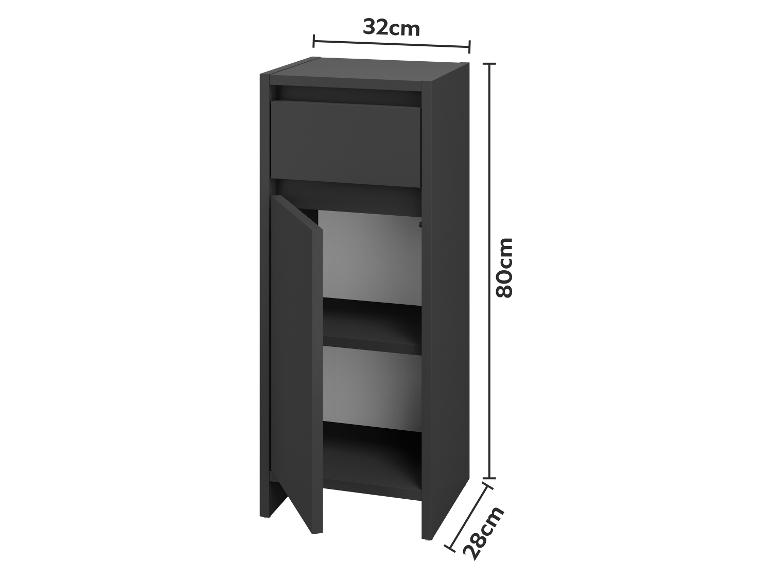 Dunkelgrauer schmaler Badezimmerschrank mit Schublade und Tür, 80x32x28cm.