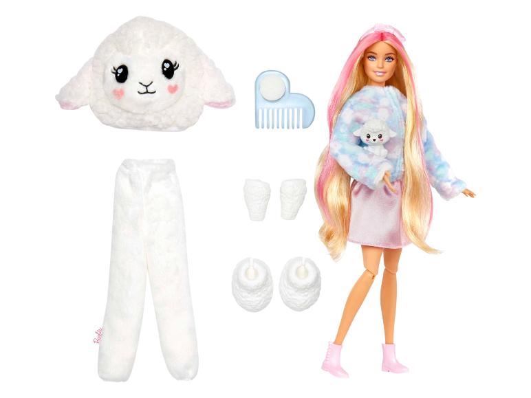 Barbie Puppe mit rosa Haaren, einem Lamm-Pullover und -Hose, plus Zubehör.