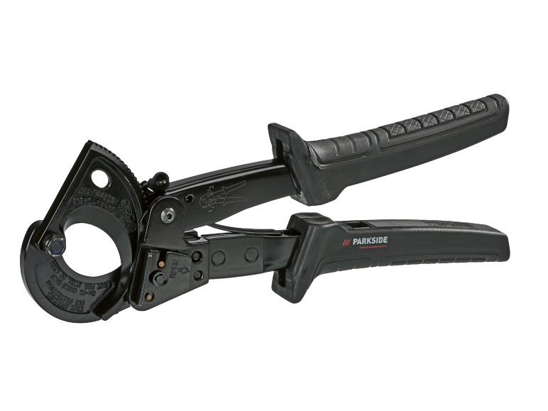 Schwarze Ratschen-Kabelschere mit ergonomischen Griffen.