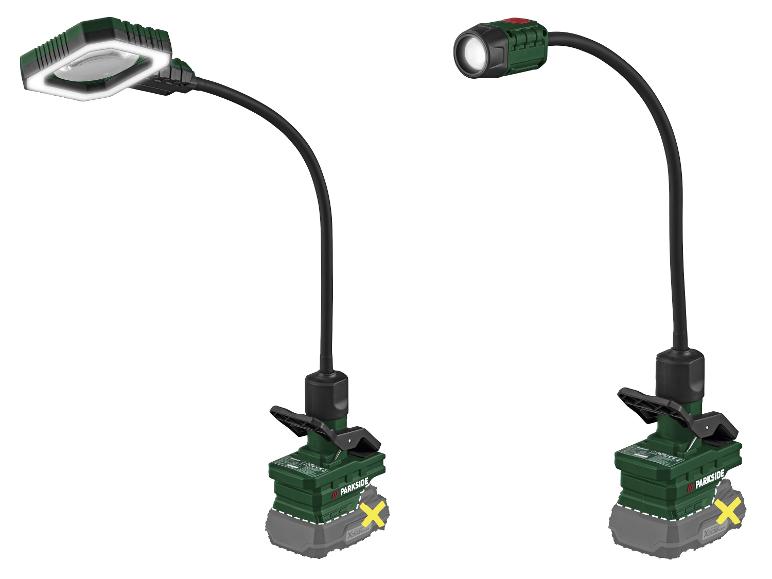 Zwei flexible Arbeitsleuchten mit Klemmfüßen, eine mit rechteckigem LED-Panel und die andere mit Spotlicht.