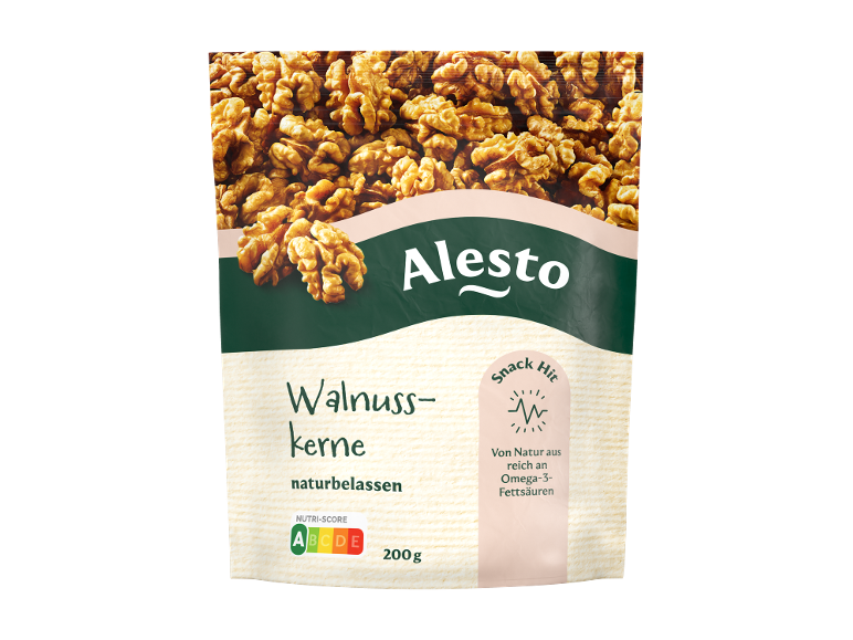 Verpackung Walnusskerne, naturbelassen, 200 g, mit Nutri-Score A und Omega-3-Fettsäuren-Hinweis.