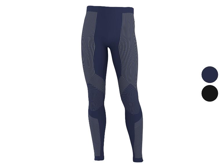 Dunkelblaue Leggings mit grauen Streifen und Farbmustern.