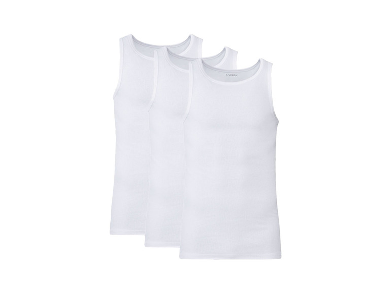 Drei weiße Tanktops von Livergy.