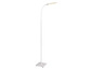 Eine weiße Stehlampe mit gebogenem Arm.