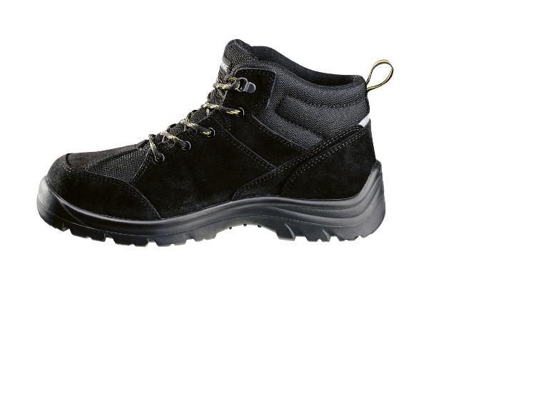 Schwarzer Sicherheitsstiefel mit gelb-schwarzen Schnürsenkeln.