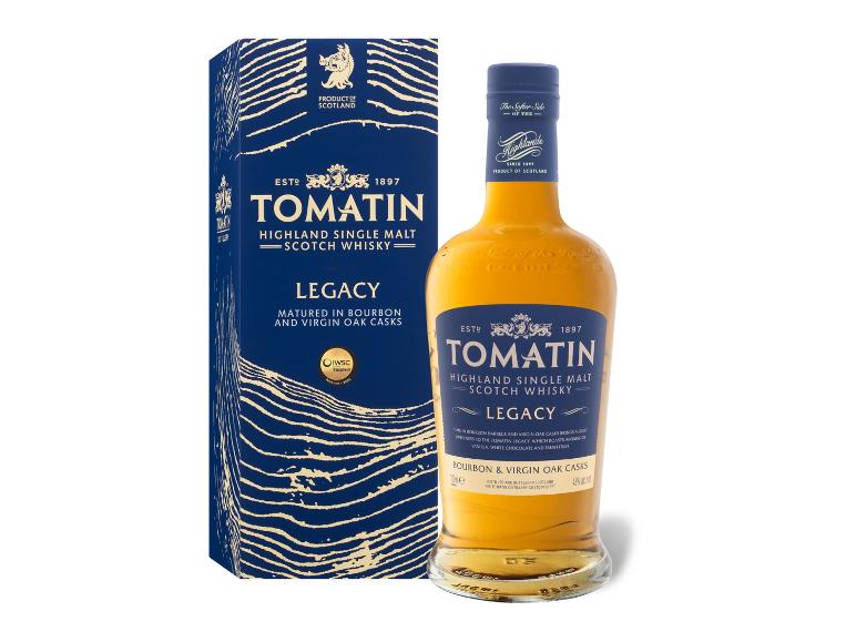 Flasche Highland Single Malt Scotch Whisky und ihre blau-goldene Verpackung.
