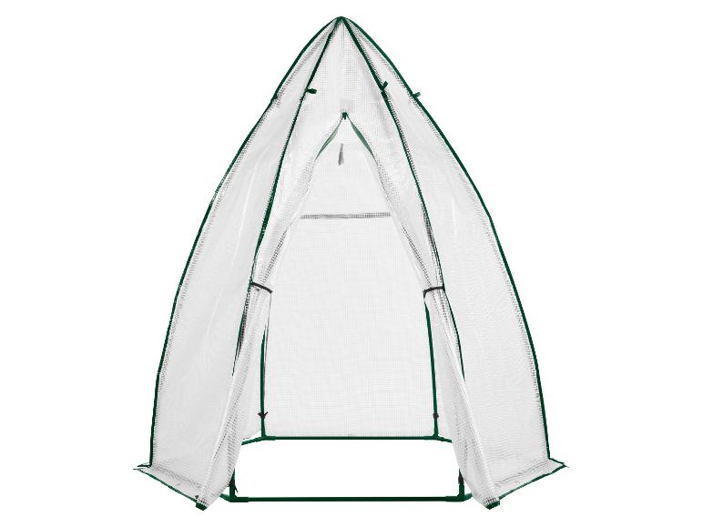 Tragbares Gewächshaus mit transparenter Abdeckung und grünem Rahmen.