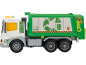 Grüner und weißer Spielzeug-Müllwagen mit Recyclingsymbolen und der Aufschrift „GENERAL WASTE“.