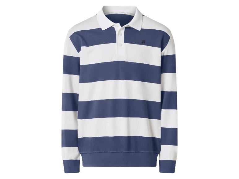 Weiß-blau gestreiftes Langarm-Poloshirt mit weißem Kragen und Knöpfen