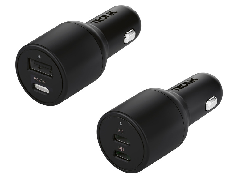 Zwei schwarze TRONIC Autoladegeräte mit USB-C-Ports.