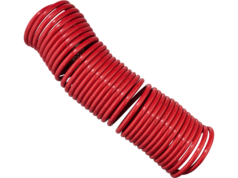 Roter Spiralluftschlauch mit der Aufschrift „GERMANY GMBH 5 MM“.