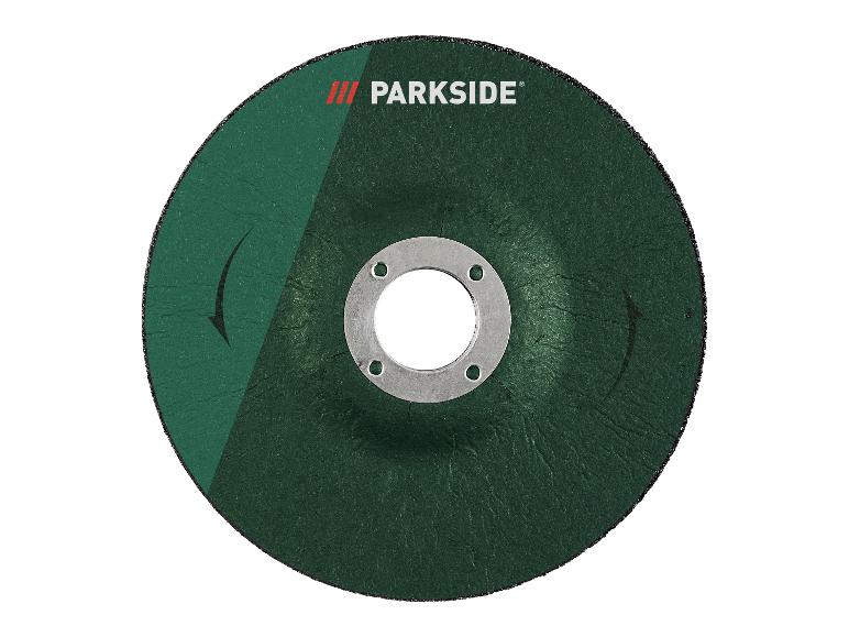 Grüne Trenn- oder Schleifscheibe mit Metallzentrum und Drehrichtungspfeilen.