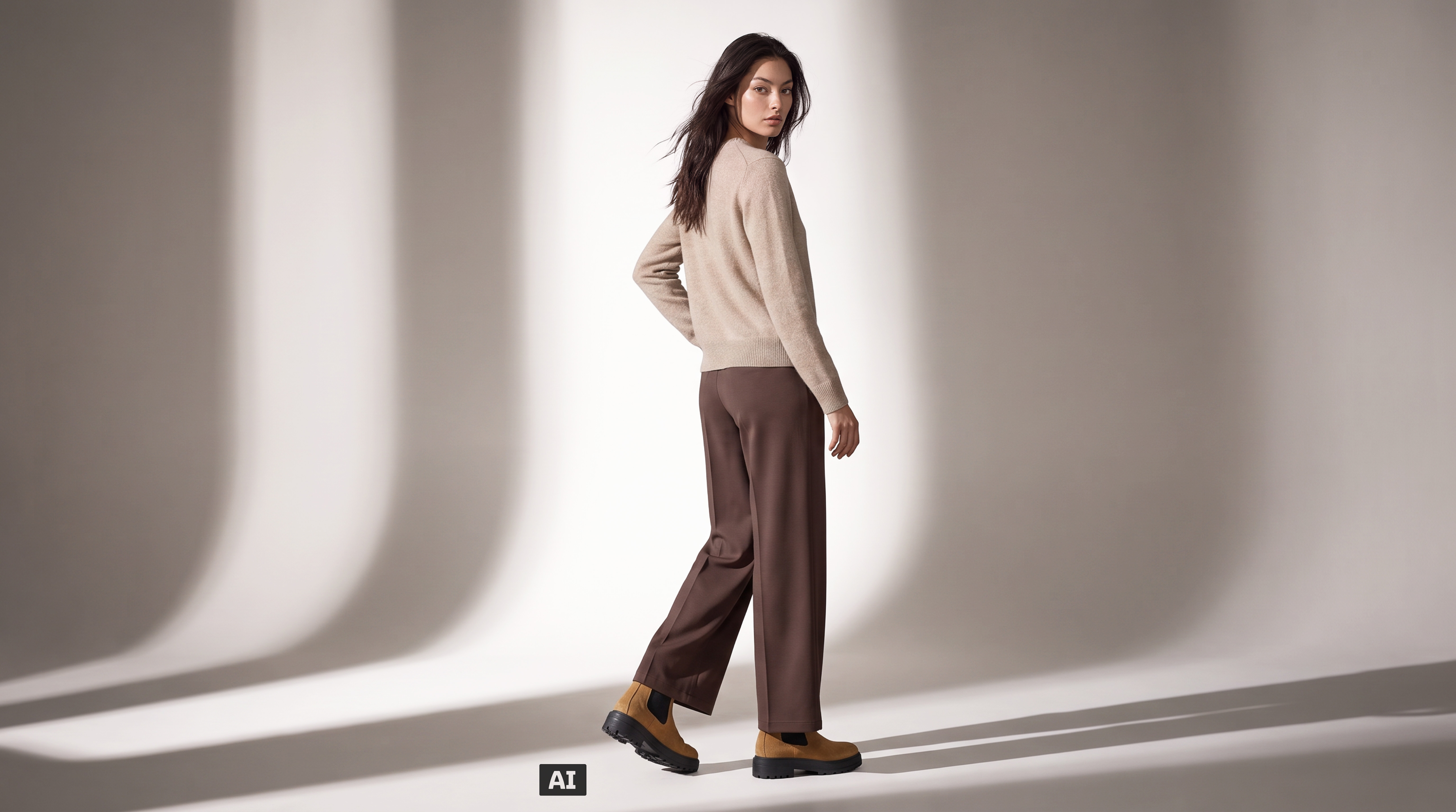 Dieses Bild ist KI-generiert: Ein weibliches Model trägt den Pullover in der Farbe beige.