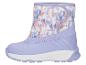 Ein lila Kinderwinterstiefel mit weißem und farbenfrohem Tiermuster.
