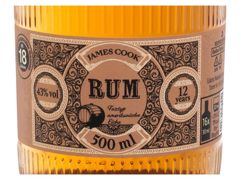 James Cook Rum Flaschenetikett mit 43% vol, 12 Jahren und 500 ml Inhalt.