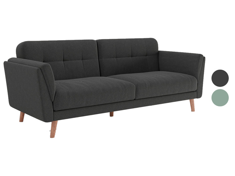 Ein graues Sofa mit Holzbeinen, erhältlich in Dunkelgrau und Grün.