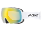 Weiße Skibrille mit gelb-blauen verspiegelten Gläsern, mit der Aufschrift „S3 SPEQ GmbH“.
