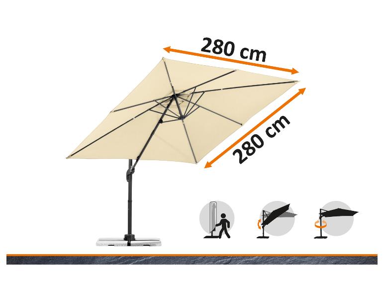 Quadratischer Gartenschirm 280 cm mit Standfuß und Funktionsillustrationen.