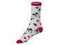 Graue Socken mit roten Details und Mickey Mouse-Motiv.