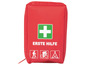 Rote Erste-Hilfe-Tasche mit weißem Kreuz auf grünem Hintergrund.