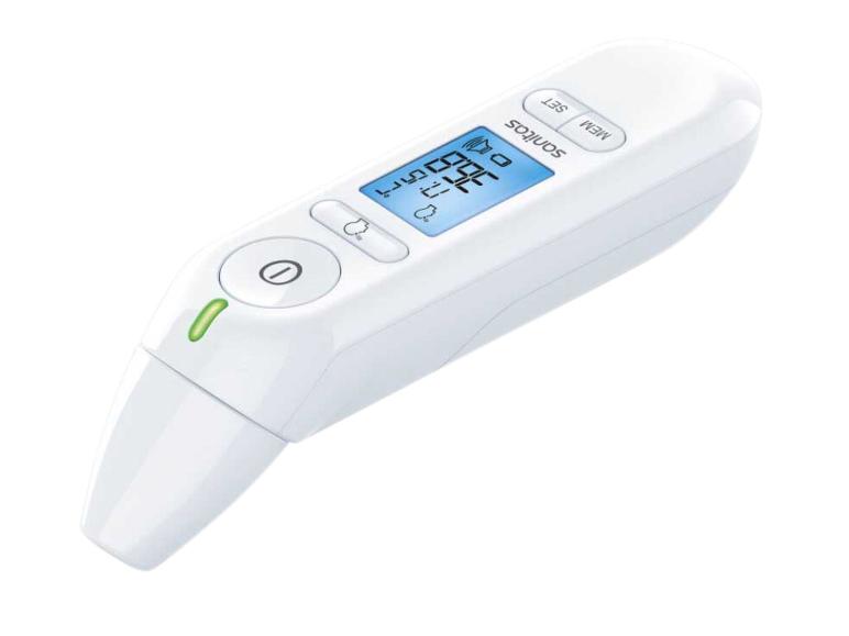 Weißes digitales Stirn- und Ohrthermometer mit LCD-Anzeige von 36.6°C.