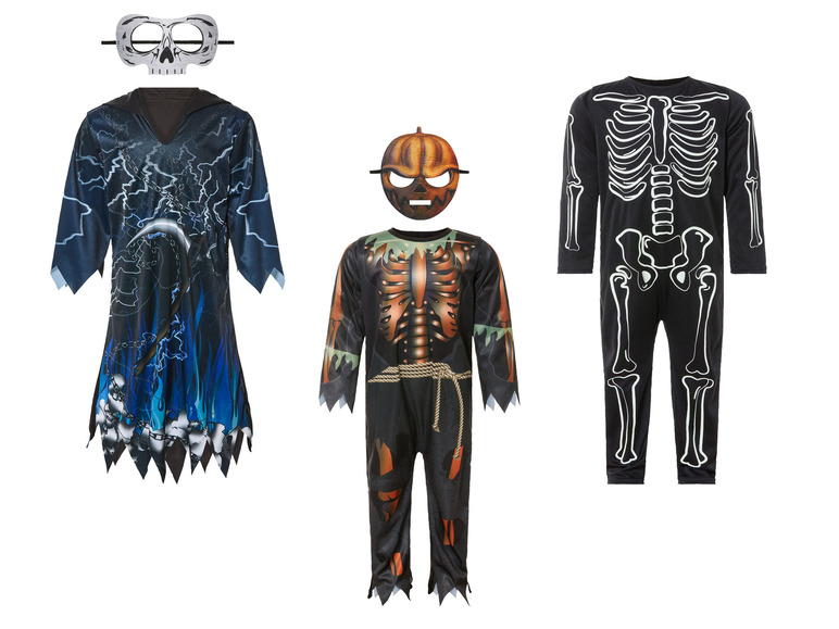 Drei Halloweenkostüme: Skelett, Sensenmann und Kürbis.