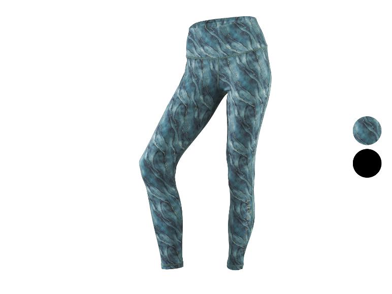 Damen-Sportleggings mit türkis-goldenem Marmormuster, mit dem Schriftzug „SPORT“ an der Wade.