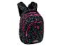 Schwarzer Rucksack mit rosa und türkisfarbenen Tier- und Herzmustern, pinken Reißverschlüssen.