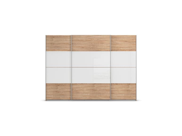 Schrank mit Schiebetüren aus hellem Holz und Weiß.