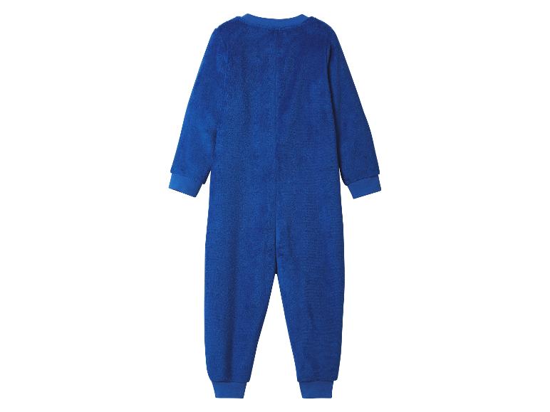 Blauer Kinder-Fleece-Overall, Rückansicht.