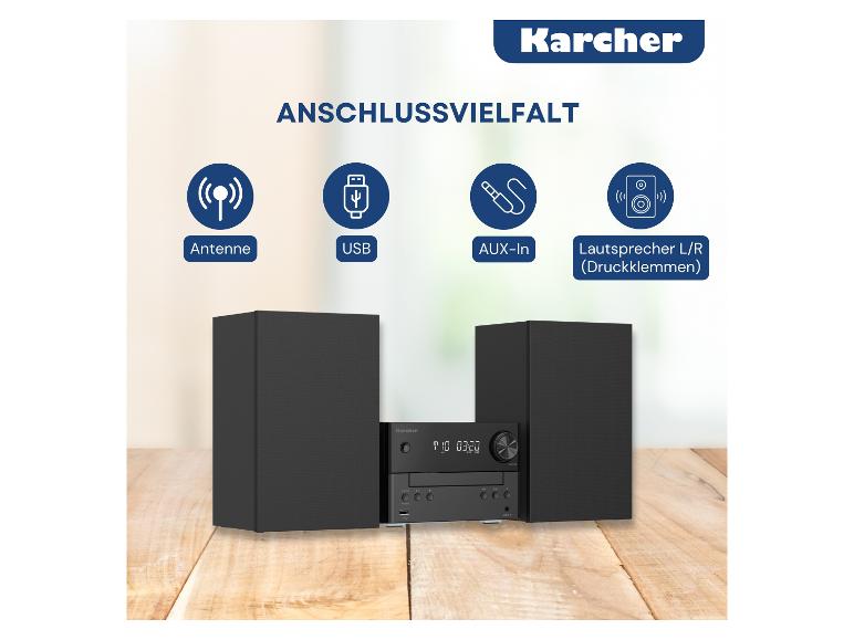 Mikroanlage mit Lautsprechern, die verschiedene Anschlussmöglichkeiten zeigt: Antenne, USB, AUX-In und L/R Lautsprecher.