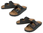 Zwei Paar schwarze Sandalen mit Schnallen.