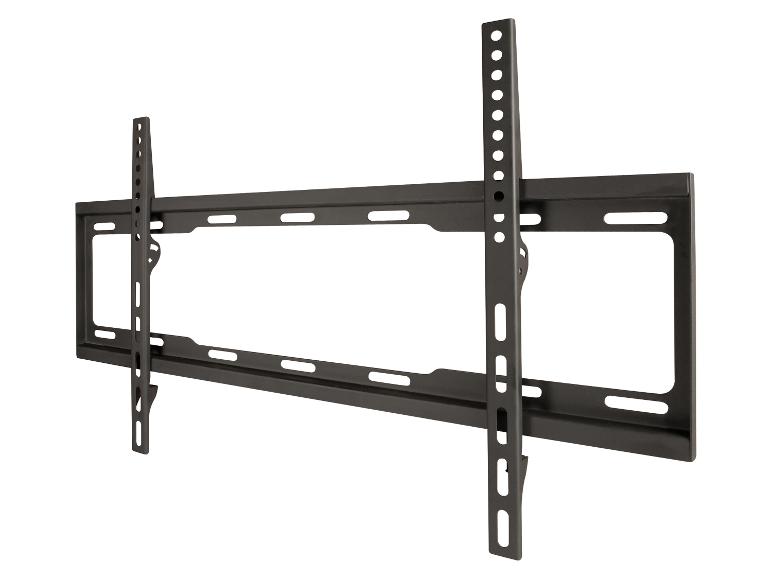 Schwarze TV-Wandhalterung mit verstellbaren Armen.