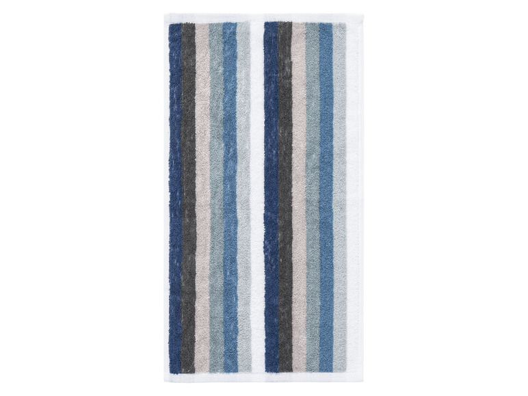 Badematte mit blauen und grauen Streifen.