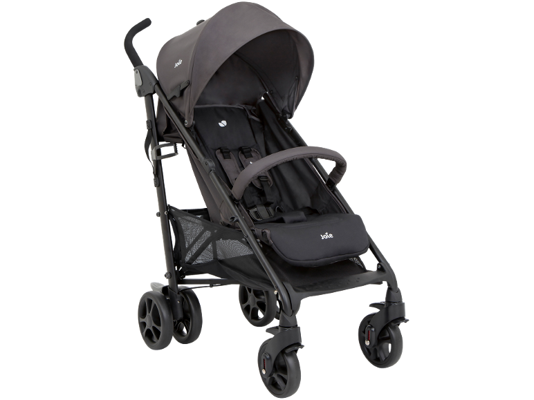 Grauer Joie Kinderwagen mit Verdeck und Einkaufskorb.