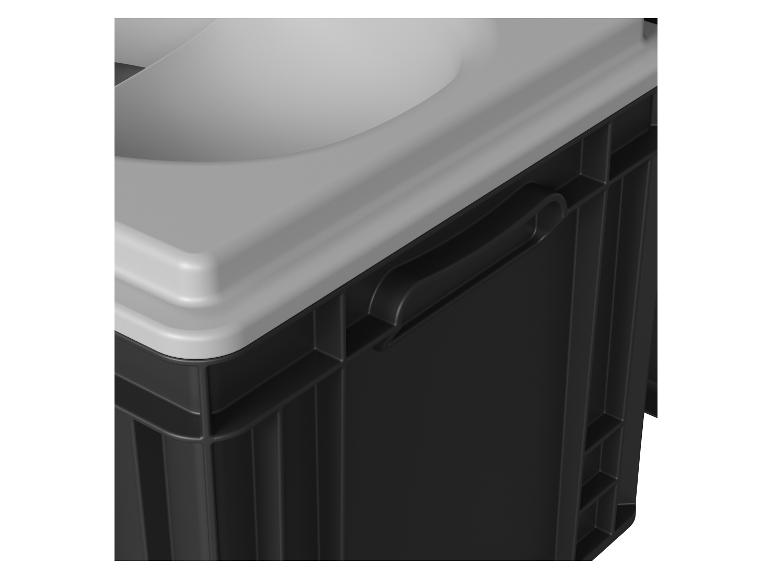 Nahaufnahme einer schwarz-weißen Aufbewahrungsbox mit Griff.