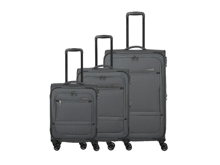 Set aus drei grauen Reisekoffern in verschiedenen Größen.