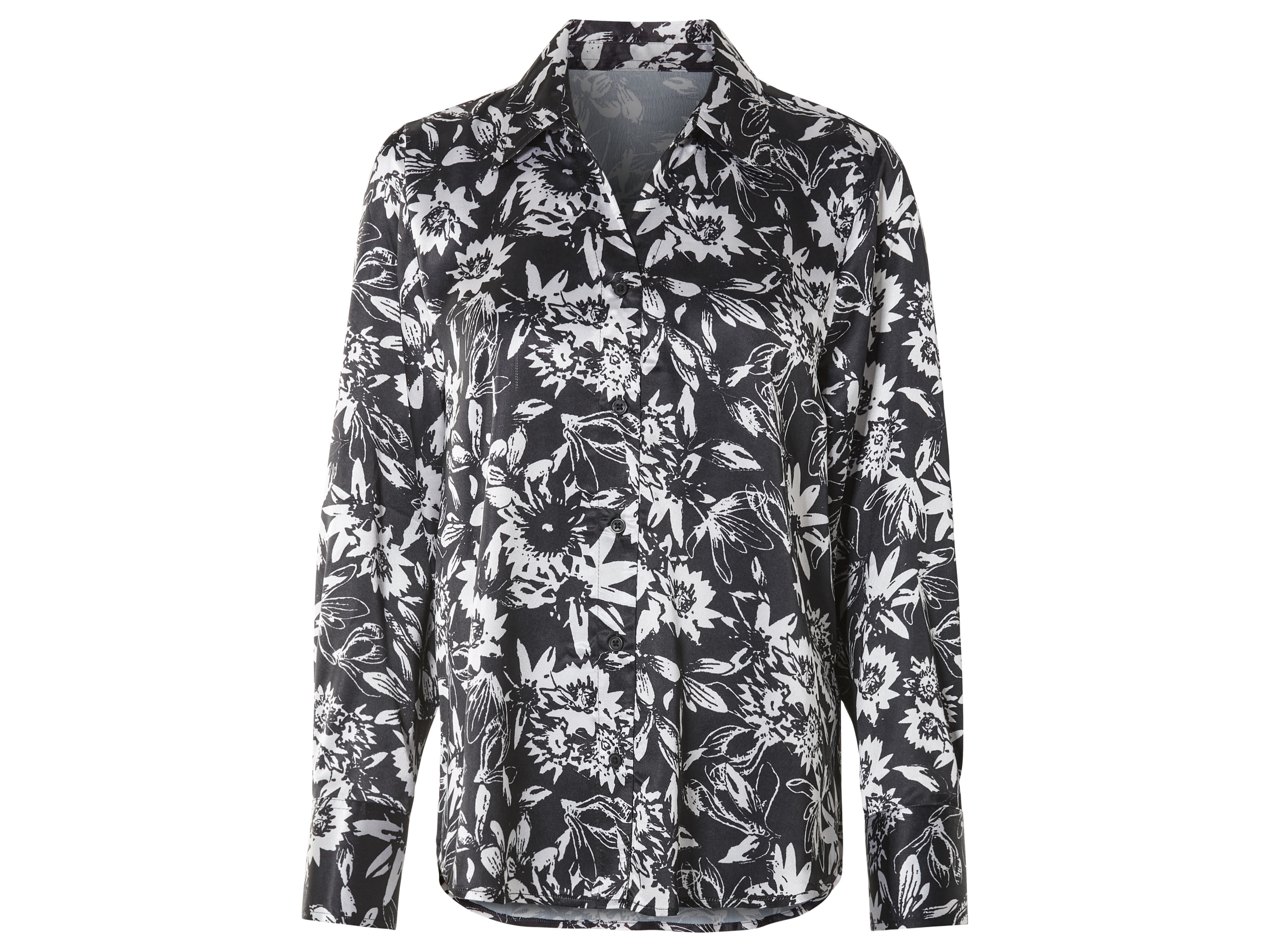 esmara® Damen Bluse (Schwarz/weiß, 44)““ | schwarz, schwarz/weiß Muster: schwarz/weiß: Blumen Detail: durchgehende Knopfleiste und Manschetten Passform: – Schnitt: leger geschnitten Ausschnitt: – Kragenform: Kentkragen Ärmellänge: lang Material: Polyester recycelt Pflegehinweis: waschen bei max. 40 °C Pflegeleicht nicht bleichen nicht im Wäschetrockner trocknen bügeln bis 110 °C Stufe 1. Kein Bügeln mit Dampf nicht trockenreinigen Größe: 34 – 46 Meine Lidl-Größe – so einfach gehts Einfach den Lidl-Größenrechner besuchen. Für deine Personengruppe und Produktgruppe die gemessenen Körpermaße eintragen und dann den Berechnen-Button betätigen. Schon wird dir deine Größe angezeigt. Oeko-Tex® Standard 100 Geprüft auf Schadstoffe Zertifizierungsnummer: 09.0.68536 Hohenstein Htti Standard 100 by Oeko-Tex® ist die weltweit bekannteste, unabhängige Zertifizierung schadstoffgeprüfter Textil- und Lederprodukte aller Art – vom Garn und den Stoffen bis hin zum gebrauchsfertigen Artikel. Das Label bestätigt