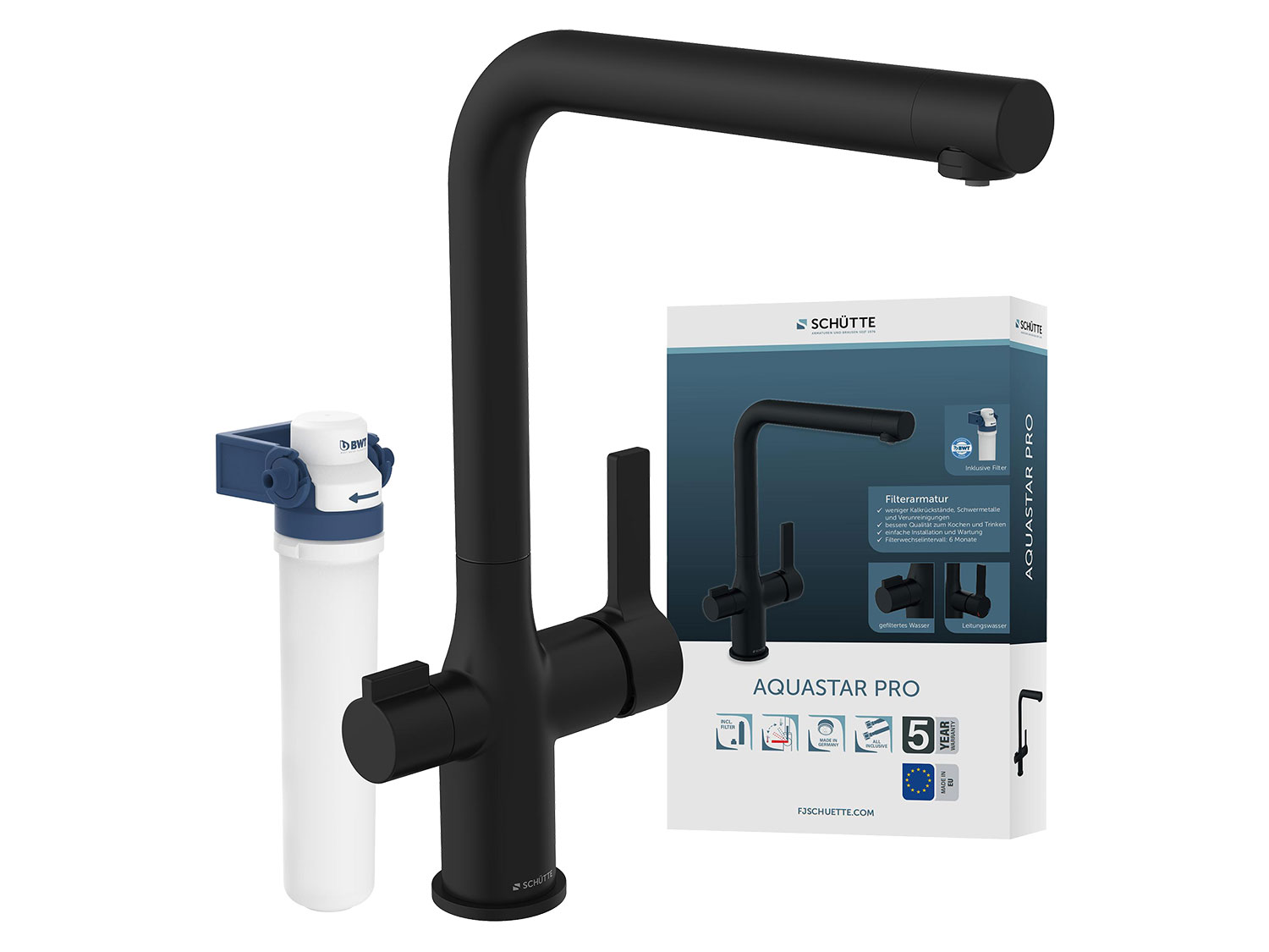 Schütte Küchenarmatur mit FILTERSYSTEM AQUASTAR PRO (Schwarz matt)““ | gefährlichen Schwermetallen sowie potenzielle Verunreinigungen im Leitungswasser Perfektion im Geschmack – Die Aquastar Küchenarmatur für höchste Qualität beim Kochen und Trinken Komfortabler Druckknopf zur Einstellung der Strahlart. Elegant und praktisch gelöst Der Wasserhahn wird spielend leicht installiert und gewartet Das Filterwechselintervall beträgt ca. 6 Monate Das Komplett-Set umfasst die Mischbatterie inklusive Filter und Filterkopf Produktmerkmale tabletd Art: Einhebelarmatur Einsatzbereich: Küche Farbe: chrom, schwarz, edelstahl Anti-Kalk: Filterkartusche Anzahl Strahlarten: – Ausführung: schwenkbar Anschluss: – Material: – Gewicht: 2800 g Lieferumfang: Filterarmatur inkl. Montageanleitung, europäischem Marken-Filter, Filterkopf, Befestigungsmaterial““