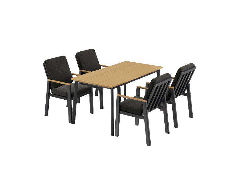 Essgruppe für vier Personen mit Holztisch und dunkelgrauen Stühlen