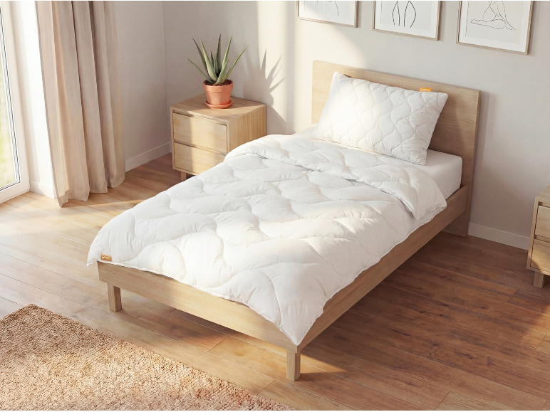 Weiße gesteppte Bettdecke und Kissen auf einem Holzbett in einem hellen Schlafzimmer.