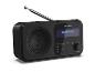 Schwarzes Digitalradio mit Antenne, Bluetooth-Anzeige und Bedientasten.