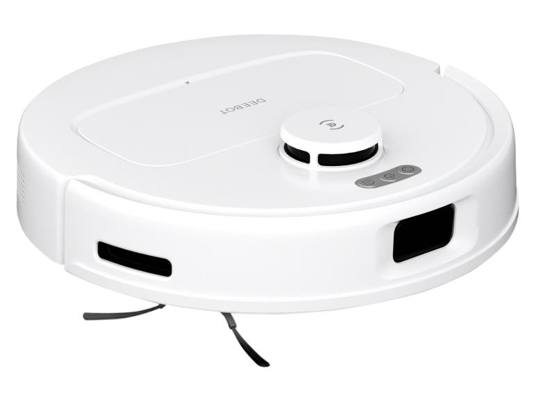 Weißer Saugroboter mit rundem Gehäuse und hervorstehenden Seitenbürsten.